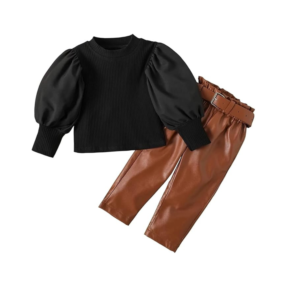 Bold N Elegant Baby Girls PU Leather Solid Long Mesh Balloon Sleeve Tulle Top with Pants and Belt Party Clothing Set Dress