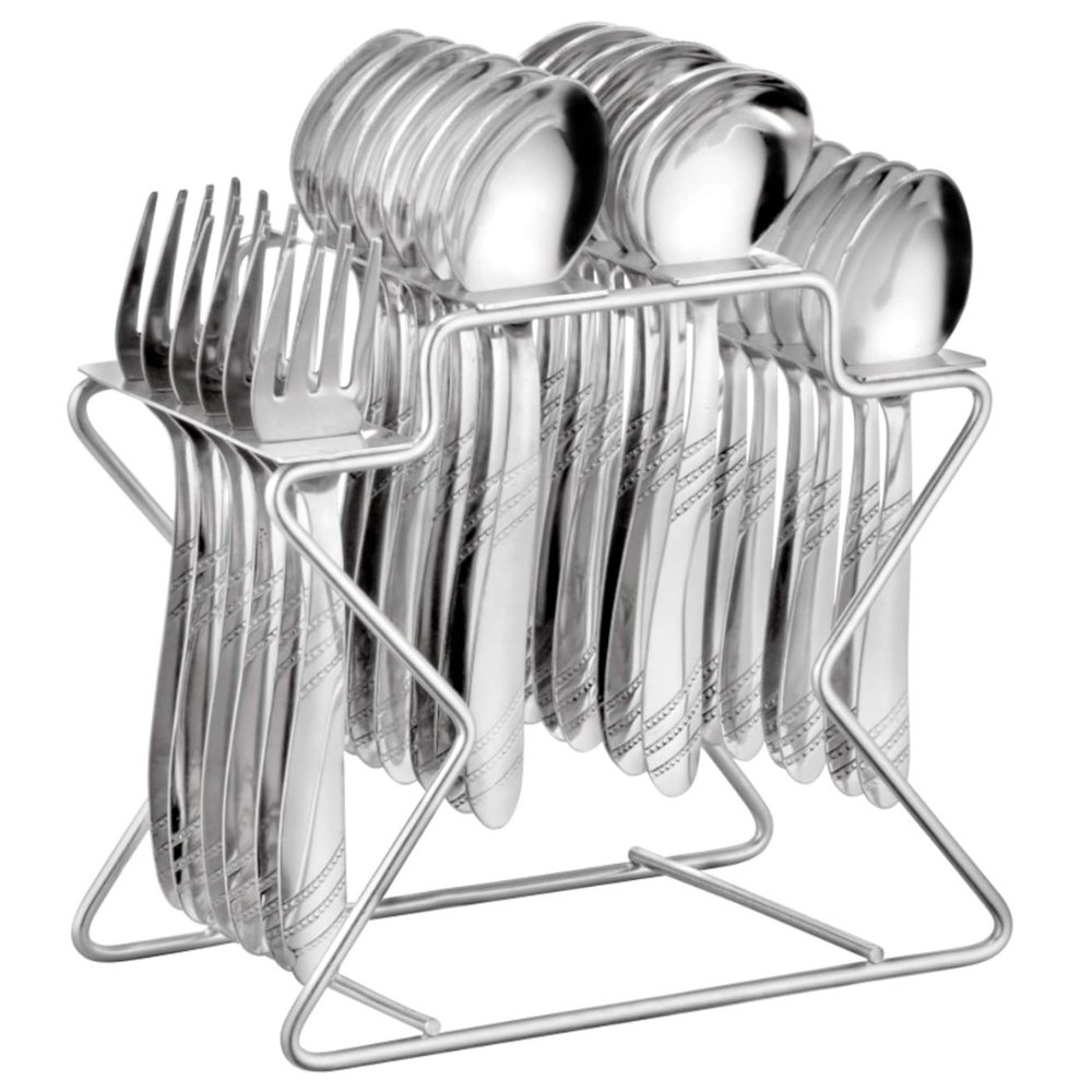 Parage Miracle Stainless Steel Cutlery Set of 25, Contains, Dinner Spoons Set of 6, Tea Spoon Set of 6, 6 Fork, 6 Soup Spoons, 1 Stylish Stand, Elegant Cutlery Set for Dining Table, Mirror Polished