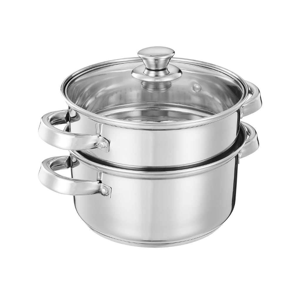 Solimo Stainless Steel Steamer with Glass Lid | Induction Base | Modak, Momo Maker | 17 x 22 x 22.4 Cm | 2L | Silver