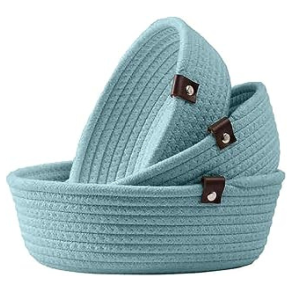 Trendzofy Jute Storage Baskets, Round Woven Decorative Bowls for Home Organisation, Set of 3, Natural Home, Kitchen and Office (AQUA)