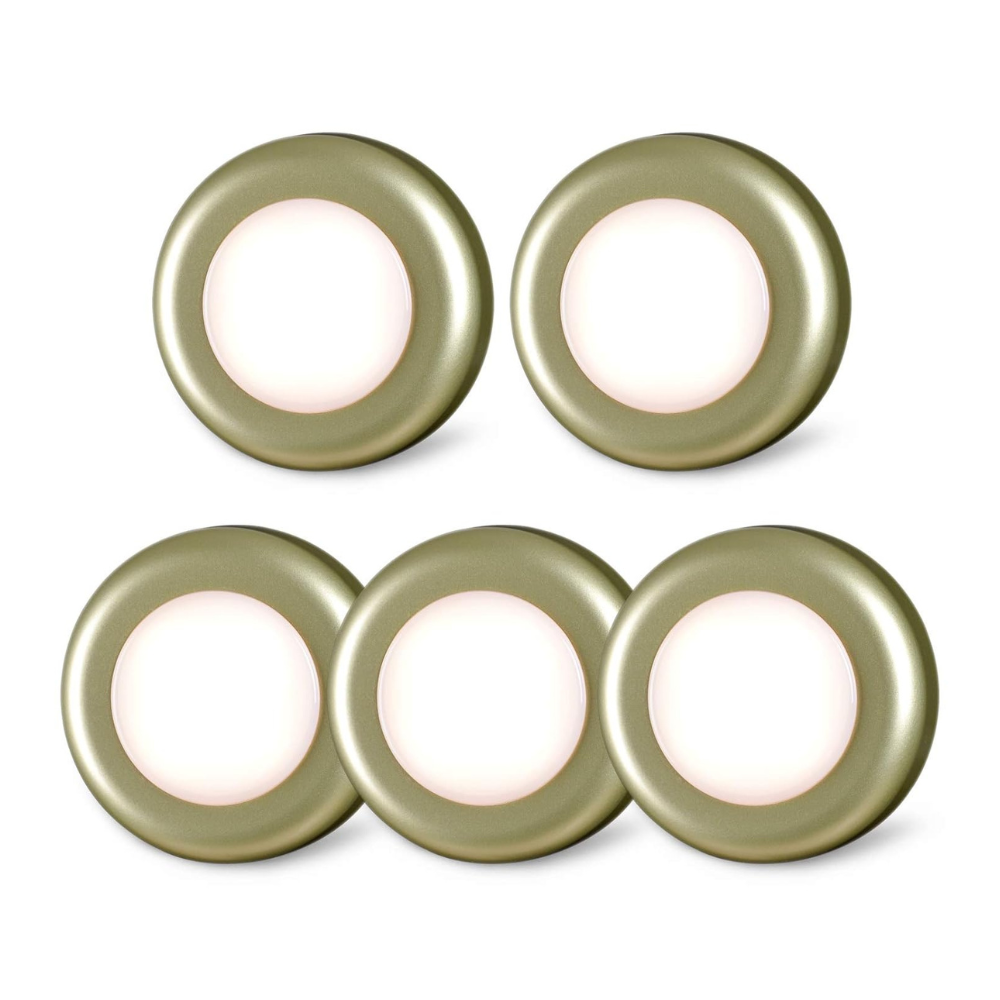 Push Tap Light, Mini Night Touch LED Puck Lamp, Portable Under Cabinet Lighting AAA Battery Operated Powered, DIY Stick On Lights for Closet, Kitchen (7cm, Golden, Warm White, 5 Pack)
