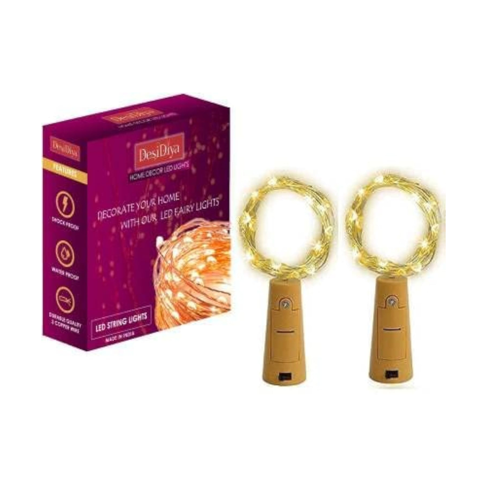 Desidiya Bottle Lights with Cork, Mini Copper Wire, 20 LED Battery Operated String Decorative Fairy Lights (Pack of 2, Warm White, Prong Base)