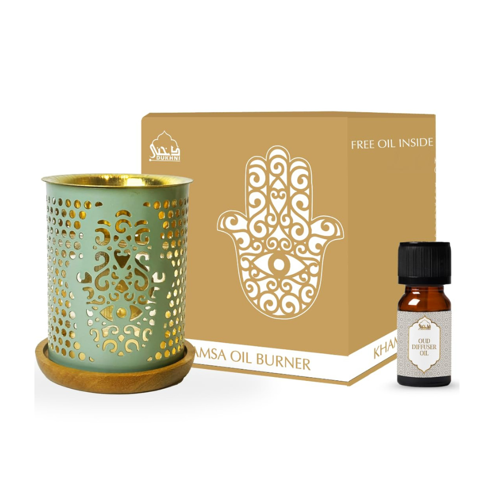 Dukhni Khamsa Oil Burner By | Brass Burner With Candle | Use For Essential Oil, Aroma Oil, Diffuser Oils | Relax With Home Aromatherapy, For Stress Relief, Meditation, Massage And Home Fragrance