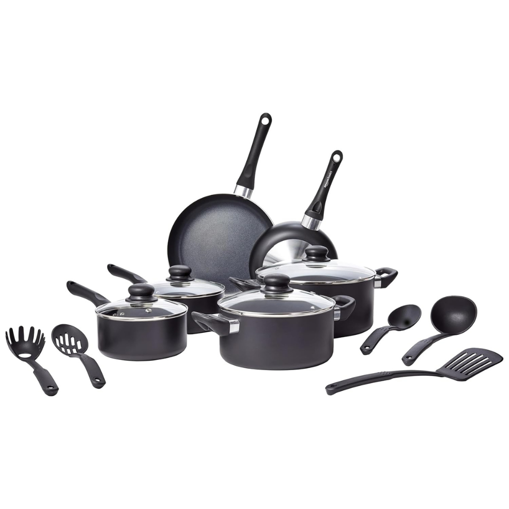 amazon basics Aluminum Non-Stick 15 Piece Cookware Set  2-Way 3 Layer Non-Stick Coating  PFOA Free  High Temperature Resistant Exterior Coating, Black