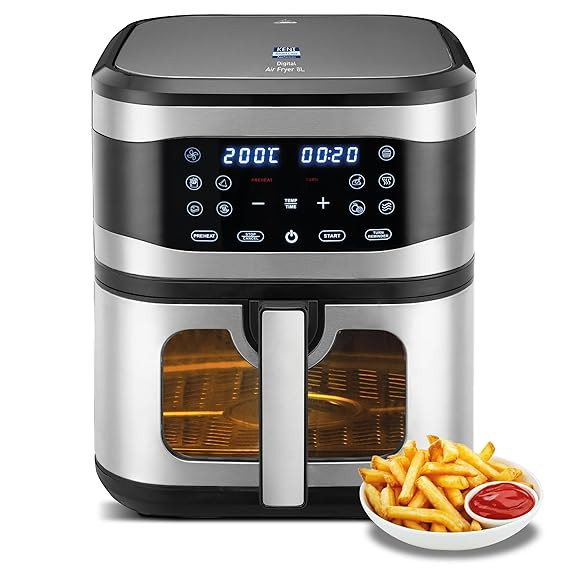 KENT Digital Air Fryer 8L | 1700W | Bake, Grill & Roast | Up to 80% Less Oil Usage | 7 Preset Menu | Digital Display & Touch Control Panel | Glass Window with in built Light | Auto Cut-Off Silver