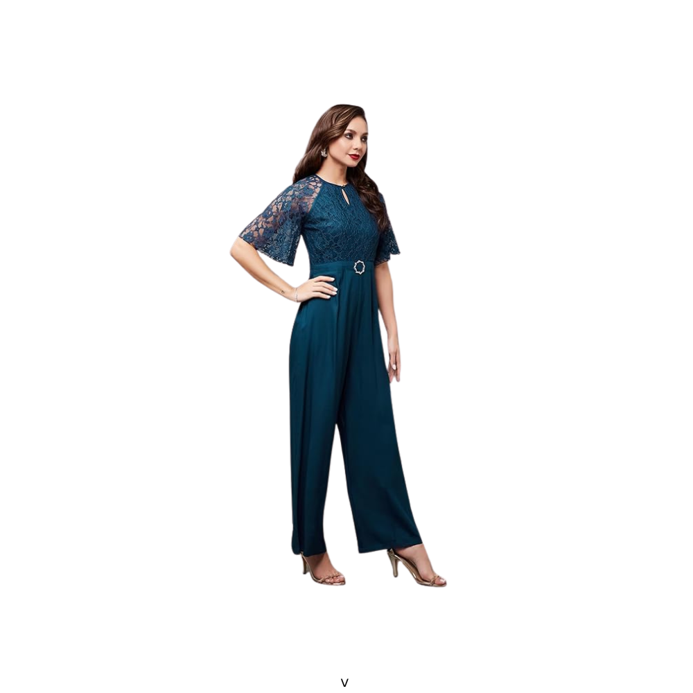 Miss Chase Women's Round Neck Flared Sleeve Floral Raglan Regular Jumpsuit with Pockets
