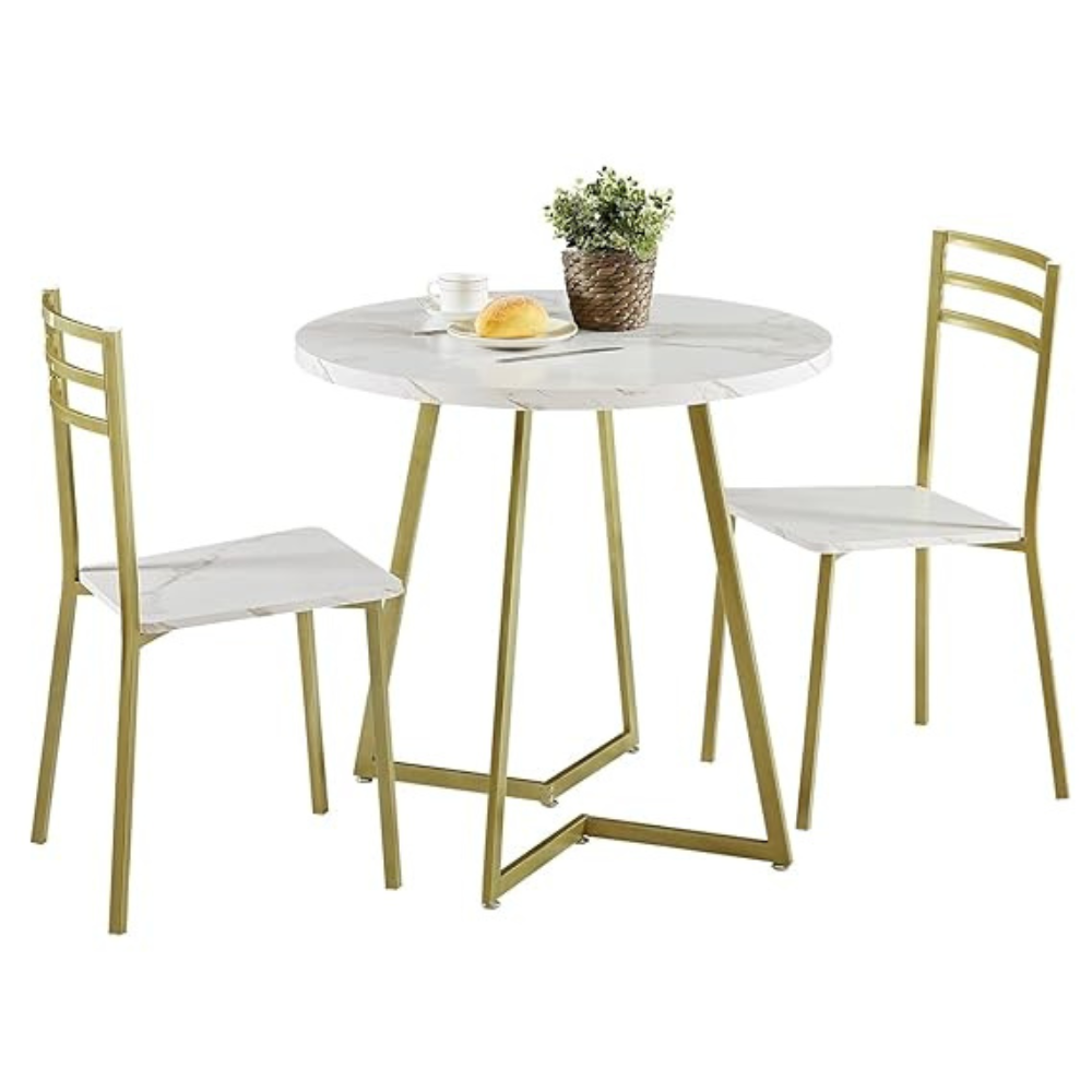Priti Small Round Dining Table Set for 2, Wood Marbled Tabletop with Steel Frame, Modern Dinette with Chairs for Kitchen Breakfast Nook Living Room, White and Gold