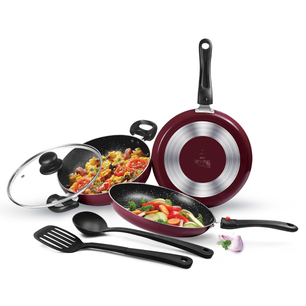 Milton Pro Cook Kitchen Pride Set of 5 Non Stick Cookware  Non Induction I Cooking Pan, Kadhai with Lid, Tawa, Nylon Laddle & Spatula I Peach