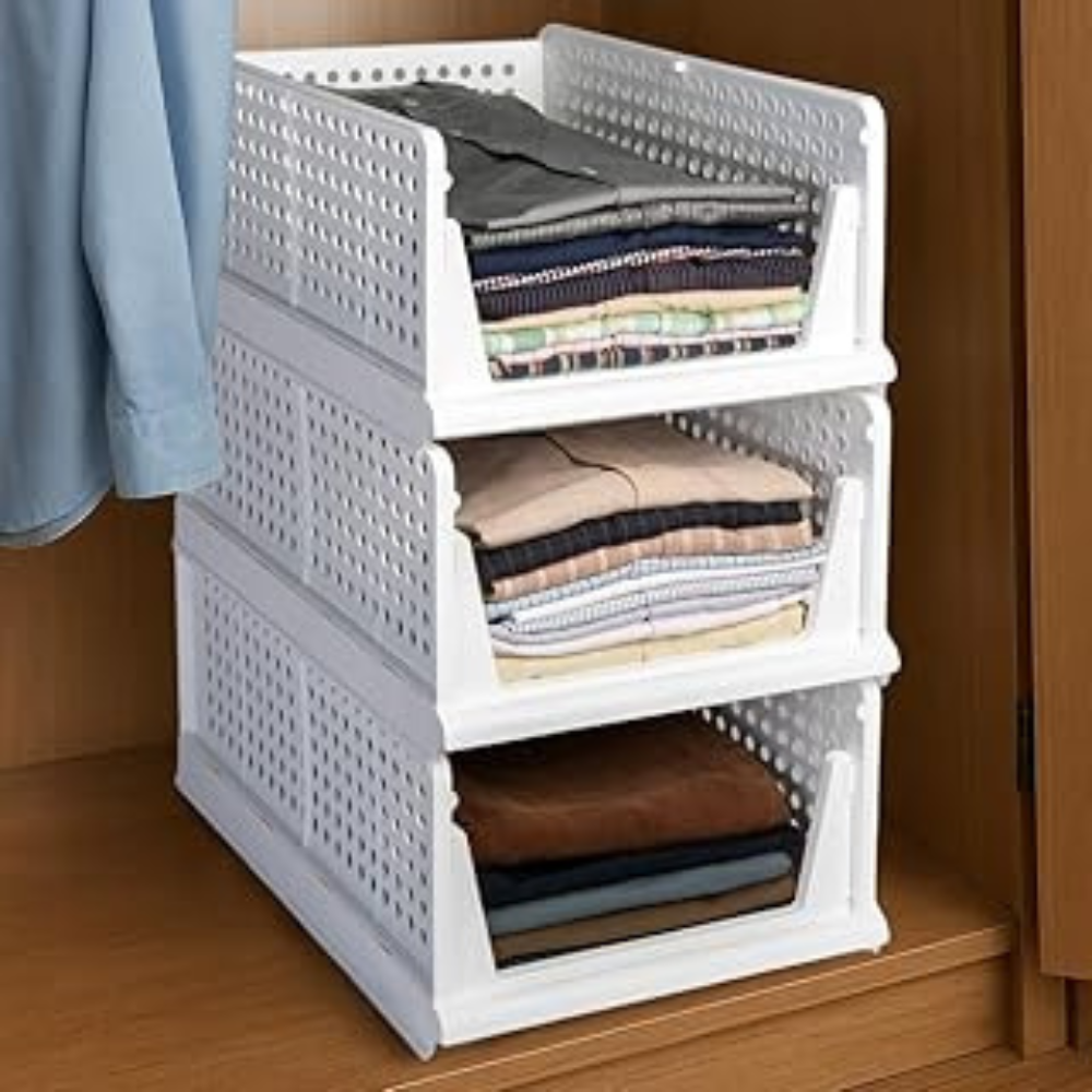 HomeStrap Set of 3, Stack it Up  Large Cloth Stacker  Foldable Shirt Storage Stacker for Wardrobe  Plastic Stackable Closet Organizer  White  44L x 33W x 19H Centimeters