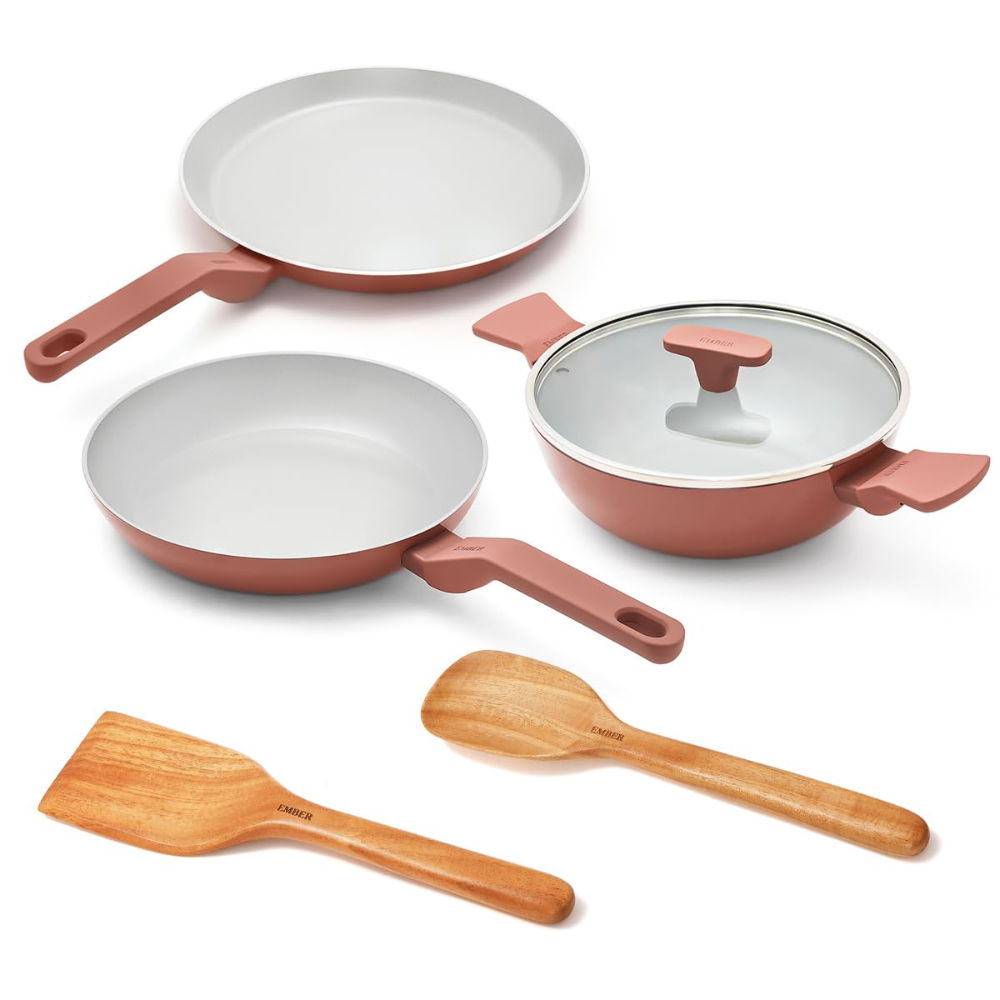 Ember Cookware Arcilla Ceramic Non Stick Gift Set Combo | ISI Certified | Frying pan | Kadai | Tawa | Matching Handles| Glass Lid | 2X Spatulas | Induction Safe |Florence|Terracotta