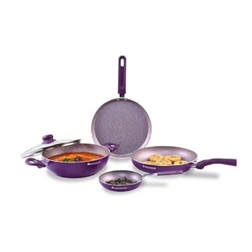 Wonderchef Valencia Non-Stick Cookware 3 Piece Set  Kadhai, Fry Pan, Dosa Tawa  Cool Touch Bakelite Handles  Pure Grade Aluminium PFOA Free 2 Years Warranty  Purple