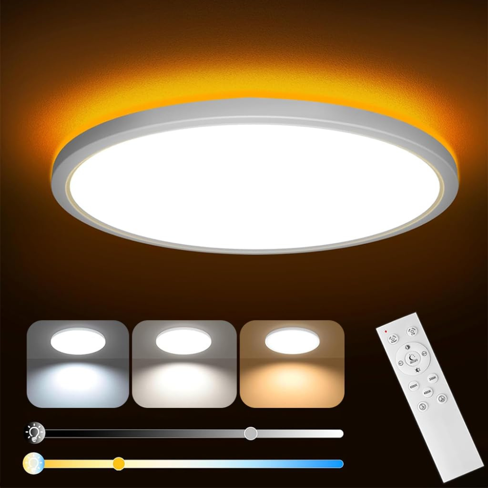 Elephantboat® 12" Dimmable LED Ceiling Light with Remote Control, 24 W 3-Color Ceiling Light with Dim Night Light 1800k Warm, Round Flush LED Ceiling Lights for Living Room, Bedroom, Office (White)