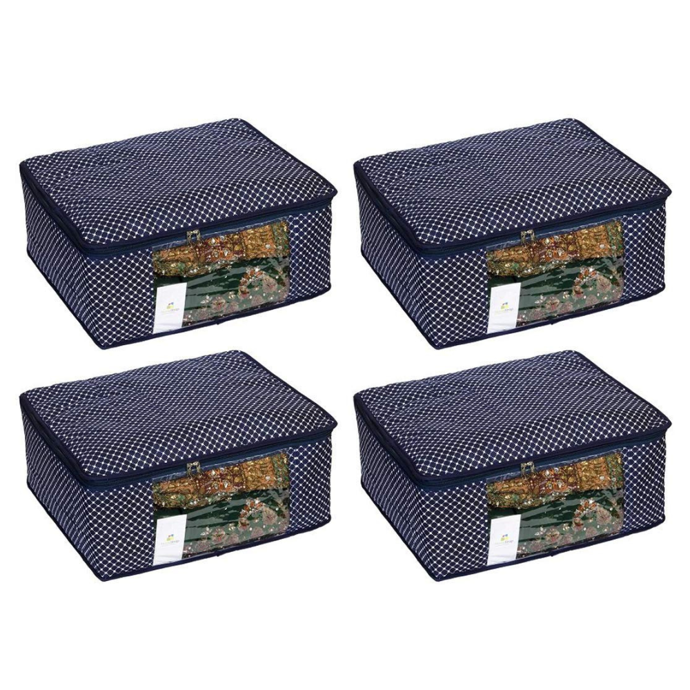 Click to see full view   3 VIDEOS    Homestrap Set of 4 Cotton Quilted Saree Covers  3-Layered Foldable Storage Bags with Transparent Window & Zip  Premium Wardrobe Organizer for Sarees, Lehengas, Dre