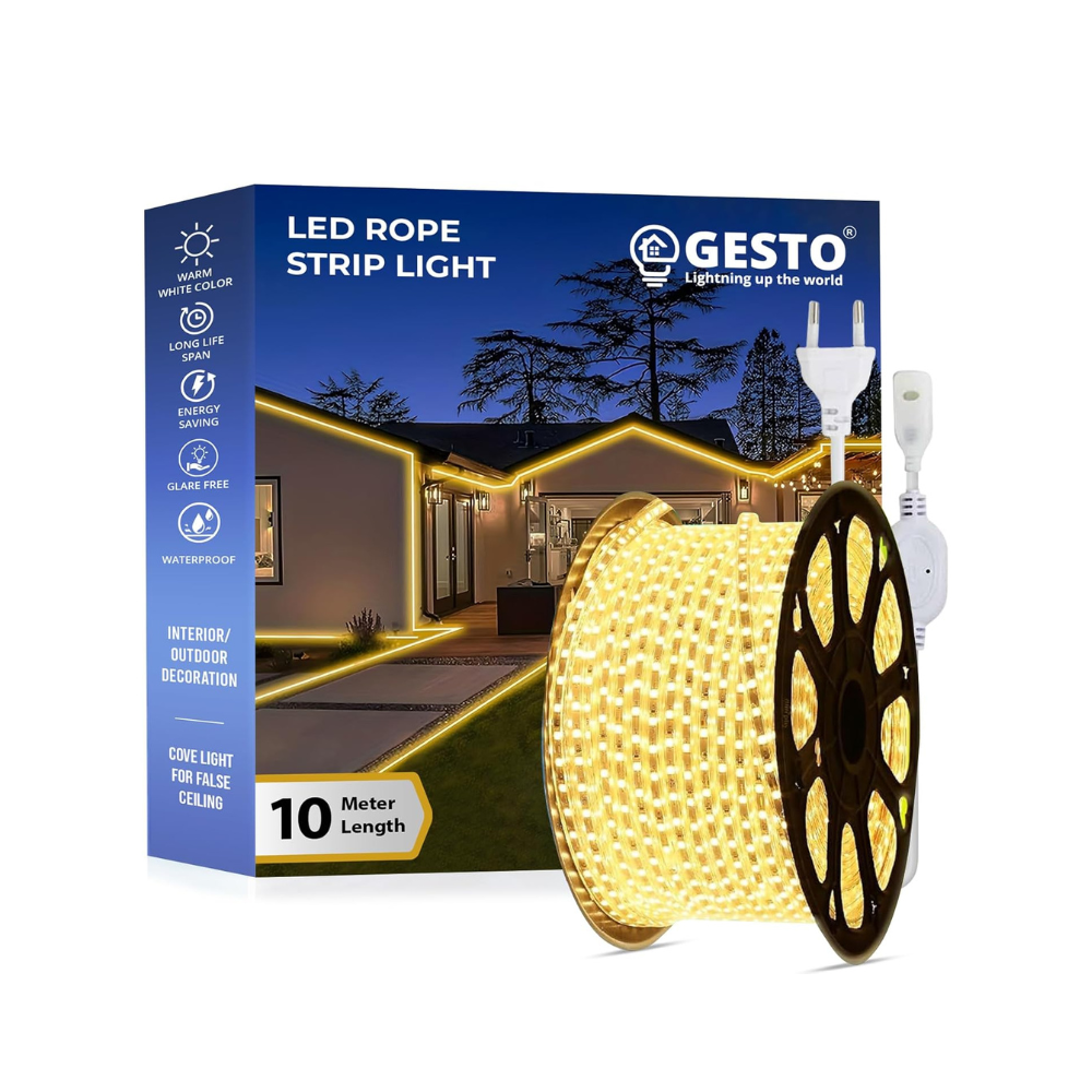 Gesto 10 Meter Rope Led Strip Lights – Outdoor Lights Waterproof for Balcony Decoration,Home Decor & Interior Decoration | Decorative Lights for Diwali Decoration,Cove Light for Ceiling (Warm White)