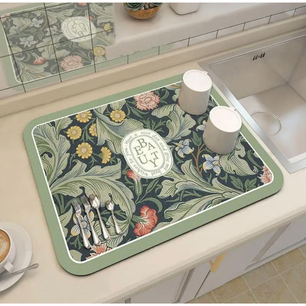 HomeCloud Dish Drying Mat for Kitchen Counter Hide Stain Super Absorbent, Non-Slip, Heat-Resistant, Great for Dishes,Rack Pad, Kitchen Counter, Coffee Maker, Coffee Item (Green_Beauty, 50x40cm)
