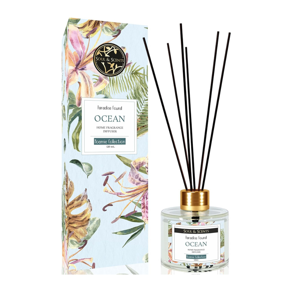 Soul & Scents 120ml Ocean Reed Diffuser Set | Free 6 Fiber Reed Sticks | Stress Relief & Aromatherapy | Long-Lasting, Smoke-Free Air Freshener for Home, Bedroom & Office | Ideal for Gifting