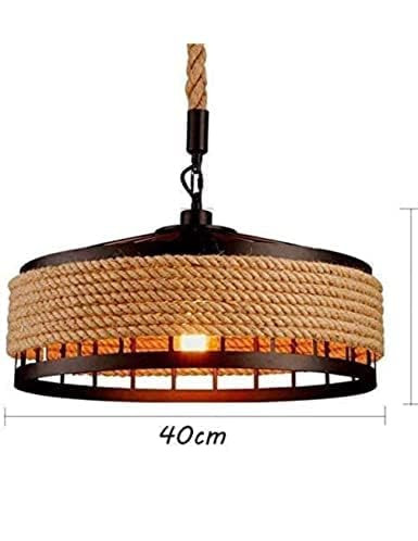 Mahganya Rope Jute Metal Basket Ceiling Pendant Hanging Retro Industrial, Rope Iron Candlestick Light Round Lamp/Indoor Lighting Bulb Included(AC/DC)
