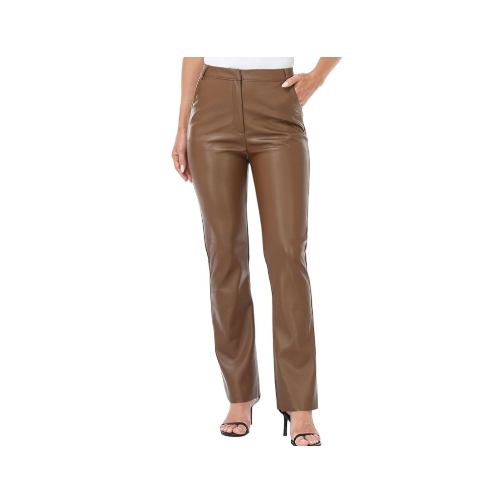NOTWILD Women's Faux Leather Pants High Waisted Trousers with Pockets Brown