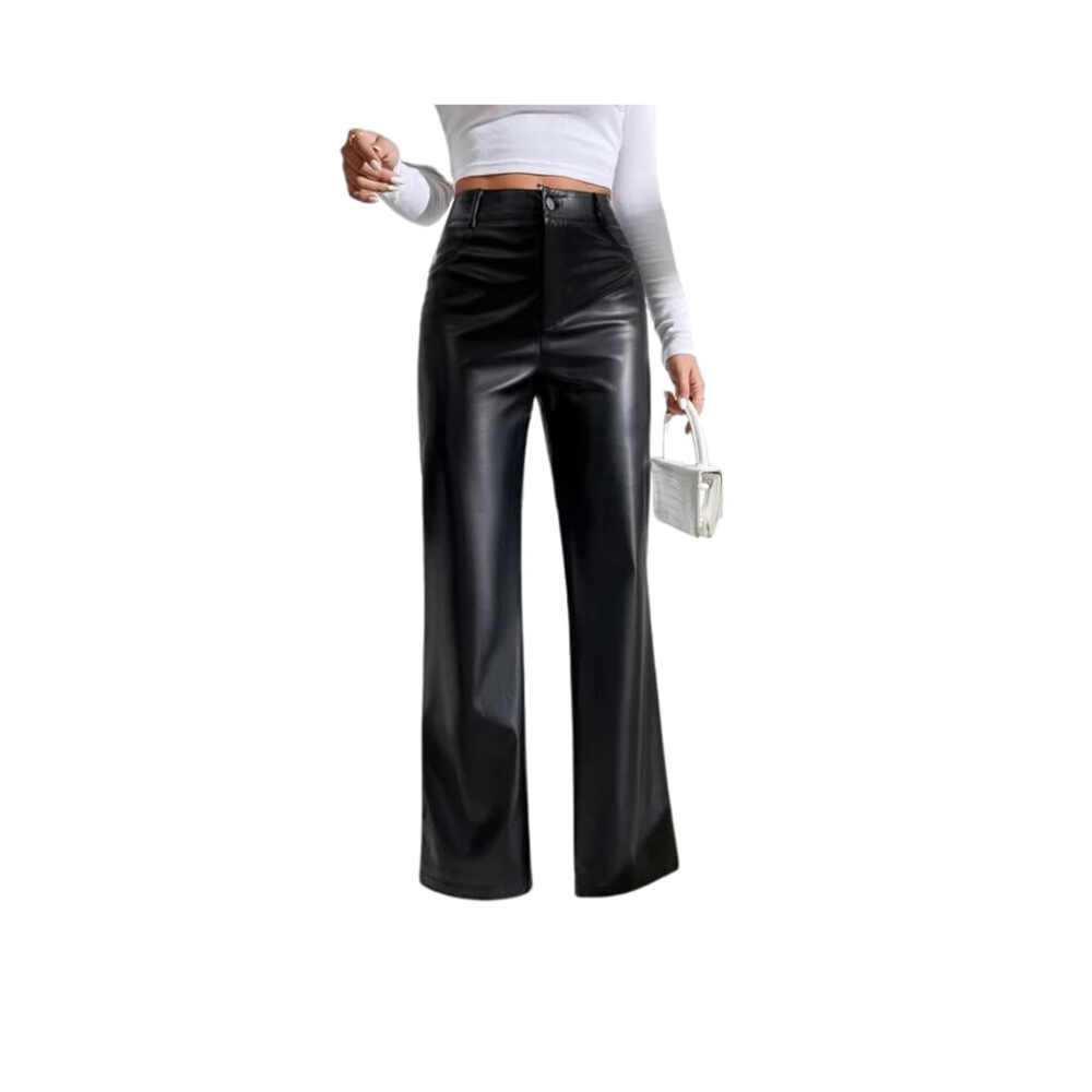 Tandul Leather Black Women’sGirls Bell Bottom Trouser Midrise Button Closer Trouser Gifts for Women