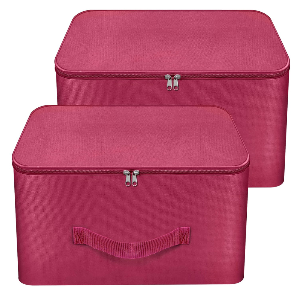 Storite 2 Pack Nylon Wardrobe Bag Underbed Moisture Proof Cloth Storage Organizer, Storage box for Clothes Saree Bags with Zippered Closure & Handle (Magenta, 37x34x23 cm) Squa