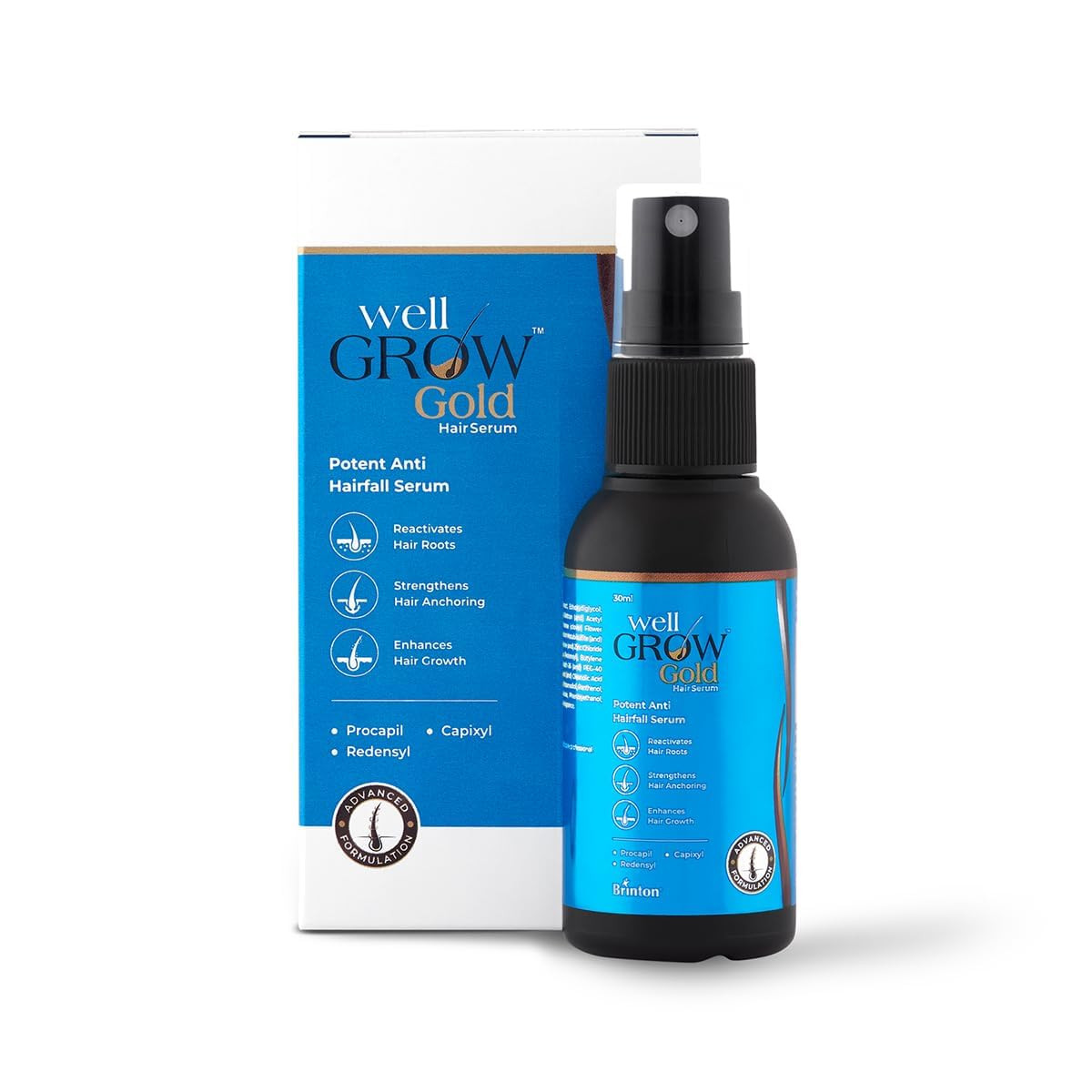 Brinton WellGrow Gold Hair Serum with 3% Redensyl, 5% Capixyl & 2% Procapil | Lightweight, Non-Greasy Formula | Supports Hair Regrowth, Control Hair Fall | For Men & Women | 30 ml