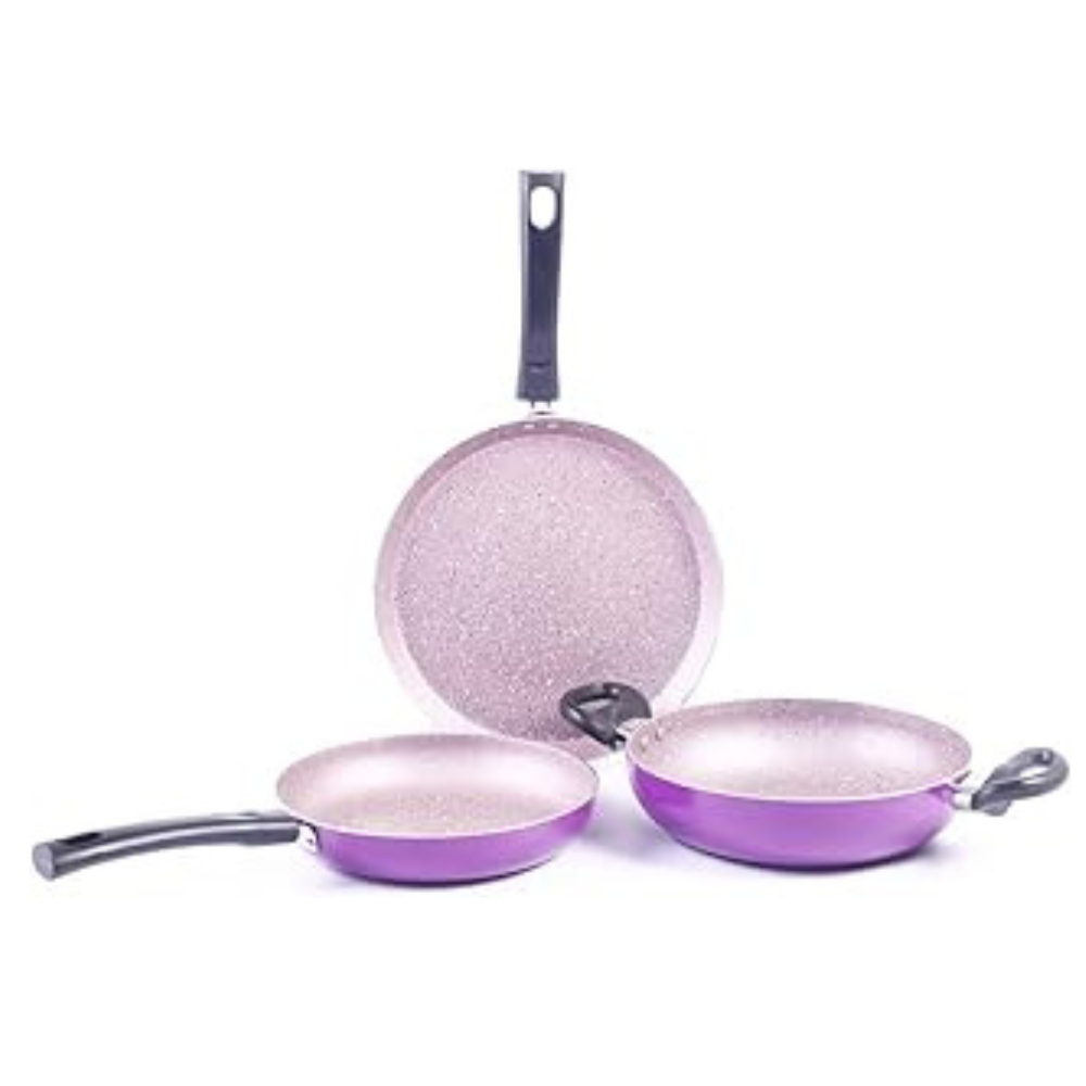 Wonderchef Valencia Non-Stick Cookware 3 Piece Set | Kadhai, Fry Pan, Dosa Tawa | Cool Touch Bakelite Handles | Pure Grade Aluminium| PFOA Free| 2 Years Warranty | Purple